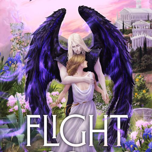 Digital illustration of an oracle embracing a winged god with flowers and a Greek temple, artwork by