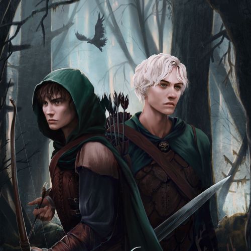 Young adult fantasy book cover featuring two cloaked characters in a dark forest, by Emmeli Markegå