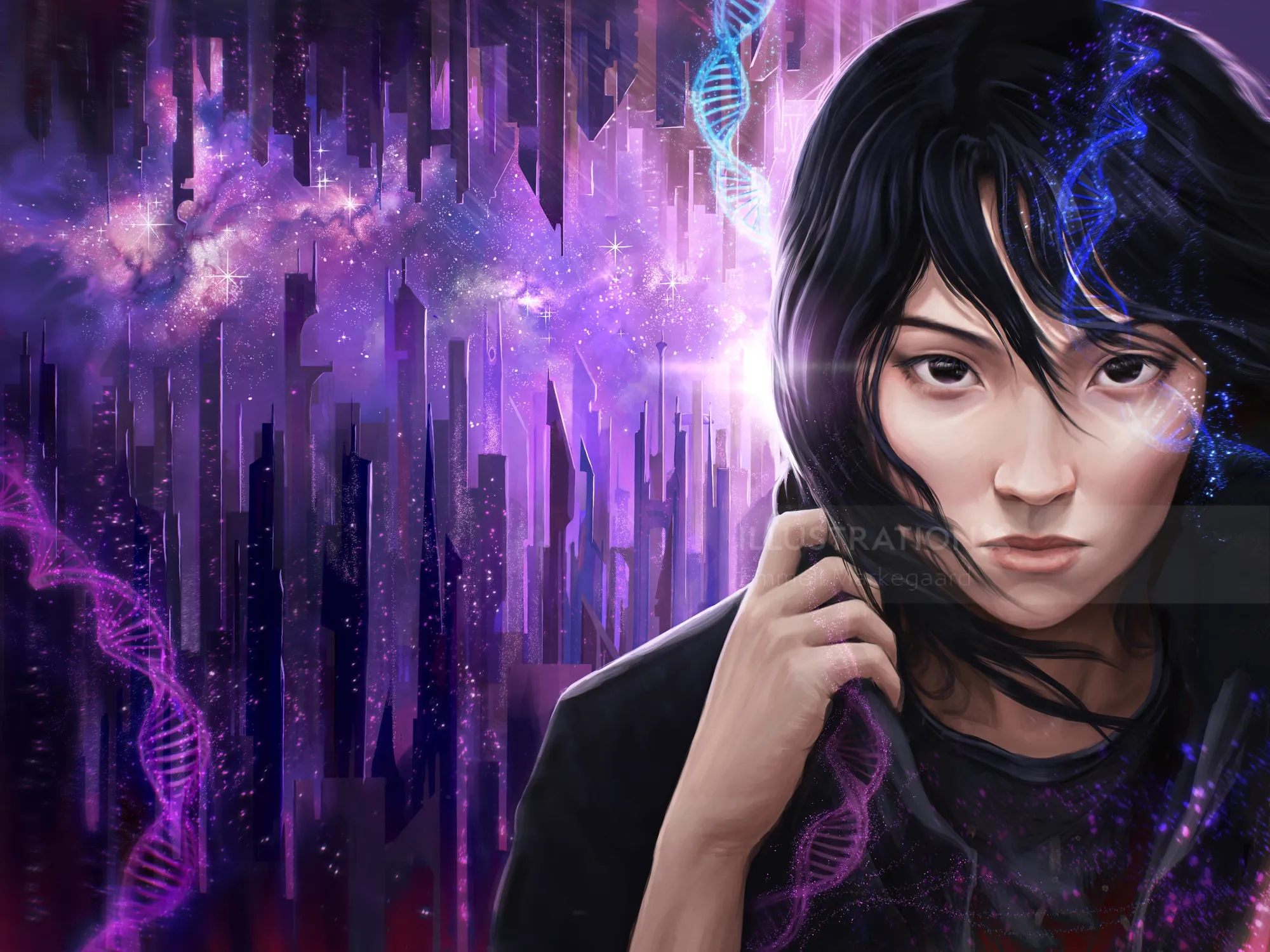 埃梅利·马克加德创作的数字科幻肖像，描绘了一位黑发女子，背景是城市。