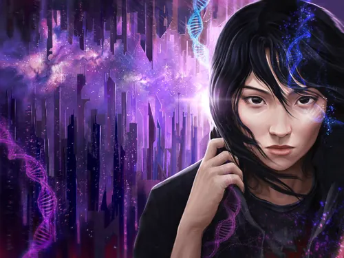 埃梅利·马克加德创作的数字科幻肖像，描绘了一位黑发女子，背景是城市。