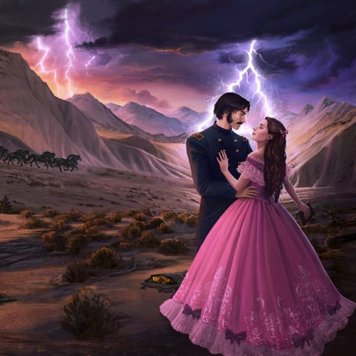 Couple in historic dress embracing amid storm with lightning, by Emmeli Markegård