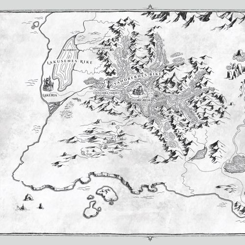 Black and white fantasy map illustration by Emmeli Markegård