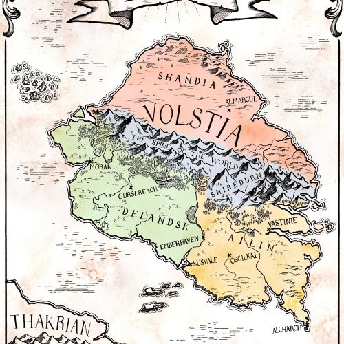 Fantasy map of Volstia, Sandia, Deandas regions and neighboring Thakrian and Rithoria by Emmeli Mark