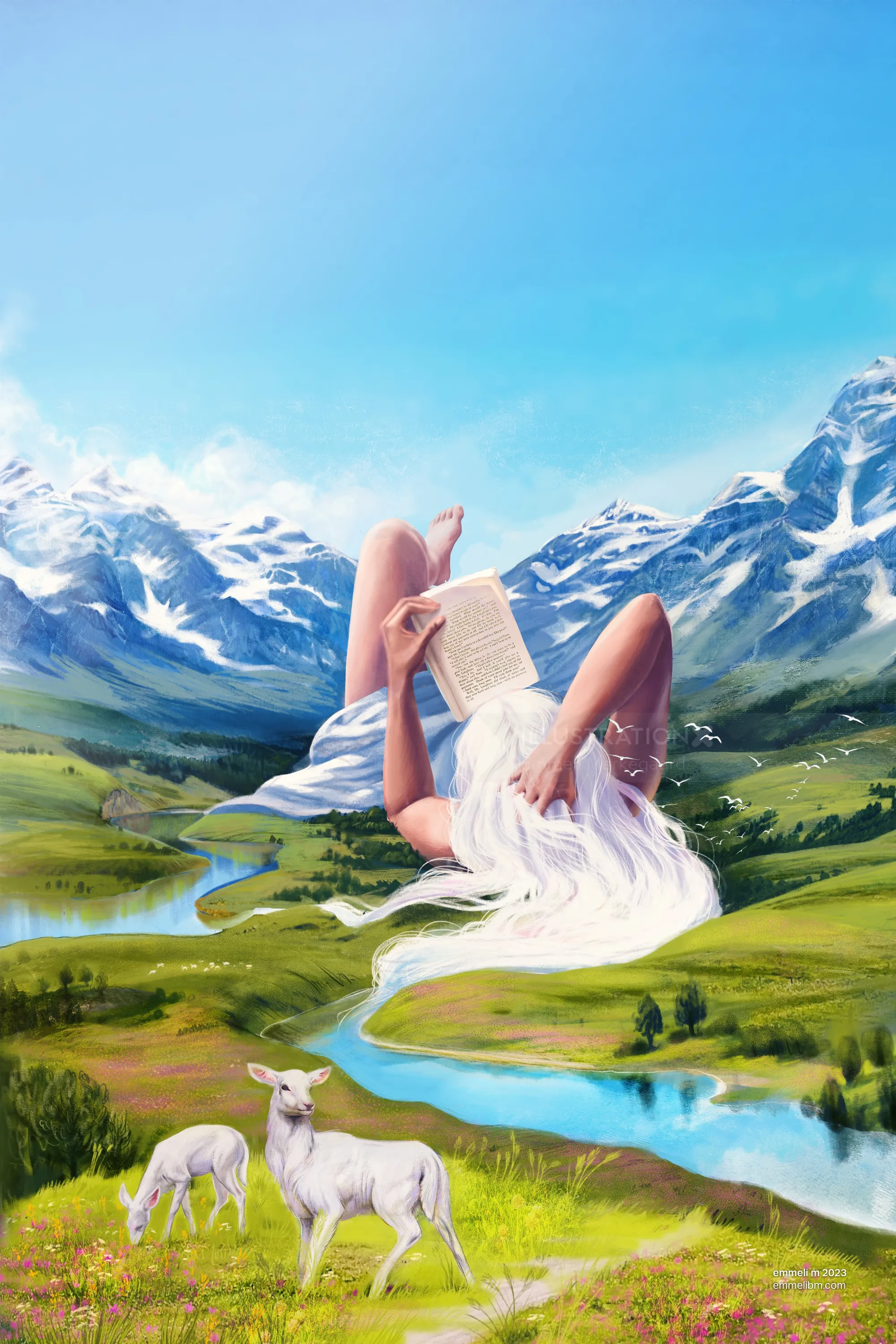 一位长着白色长发的女子在河边读书，河边有羊，画作由埃梅利·马克加德创作。