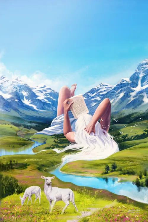 一位长着白色长发的女子在河边读书，河边有羊，画作由埃梅利·马克加德创作。