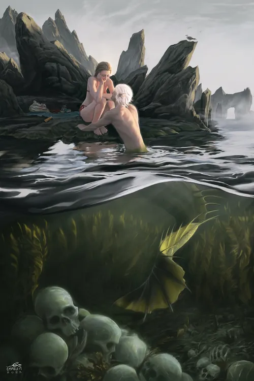 埃梅利·马克加德作品《岩石海岸附近的两个身影，水下有骷髅头》