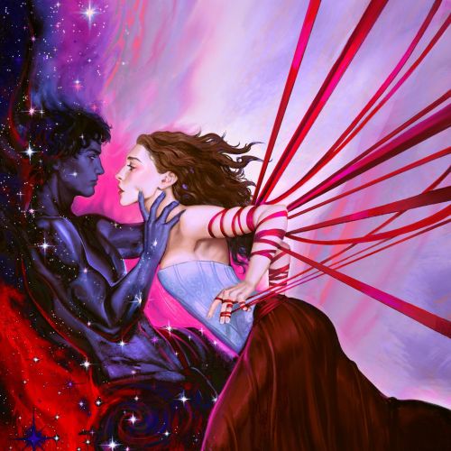 Digital fantasy artwork of celestial couple bound by red ribbons by Emmeli Markegård