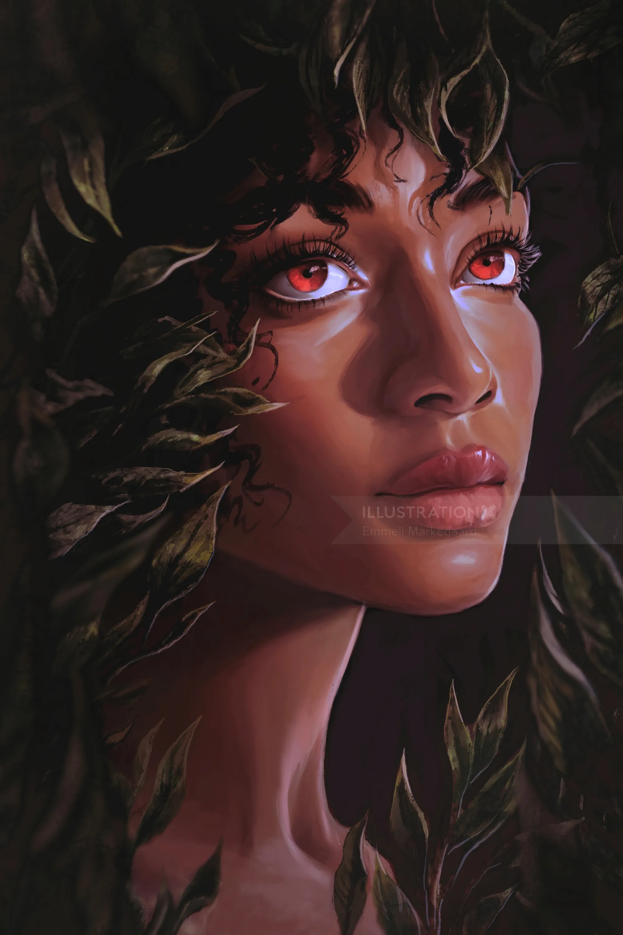 埃梅利·马克加德创作的一幅数码肖像画，画中女子有着红色的眼睛和卷发。