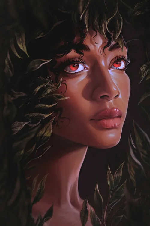 埃梅利·马克加德创作的一幅数码肖像画，画中女子有着红色的眼睛和卷发。