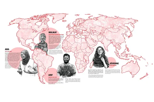Mapa-múndi ilustrado por Emmeli Markegård mostrando quatro trabalhadores da MSF.