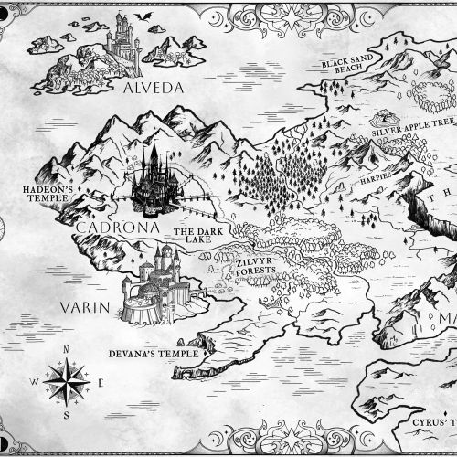Fantasy map by Emmeli Markegård with castles, mountains, temples, and celestial borders