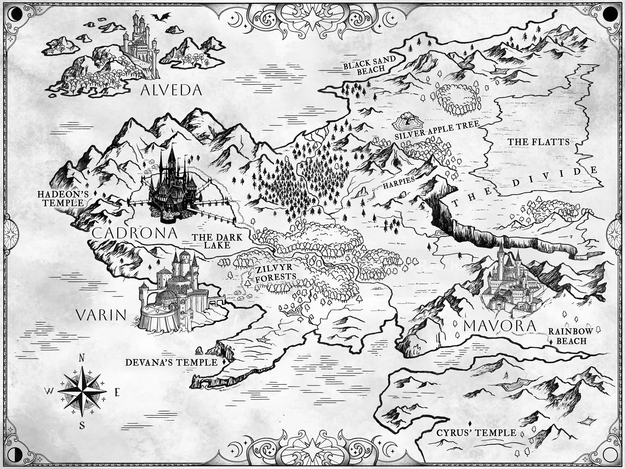 Mapa de fantasia de Emmeli Markegård com castelos, montanhas, templos e fronteiras celestiais.