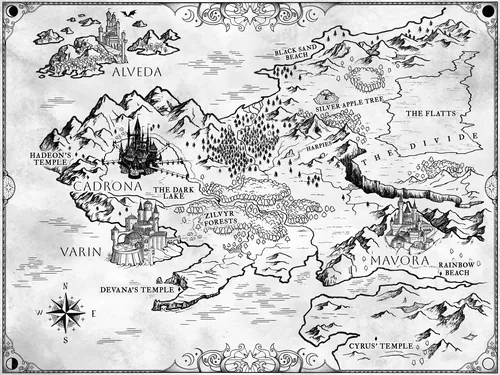 Mapa de fantasia de Emmeli Markegård com castelos, montanhas, templos e fronteiras celestiais.
