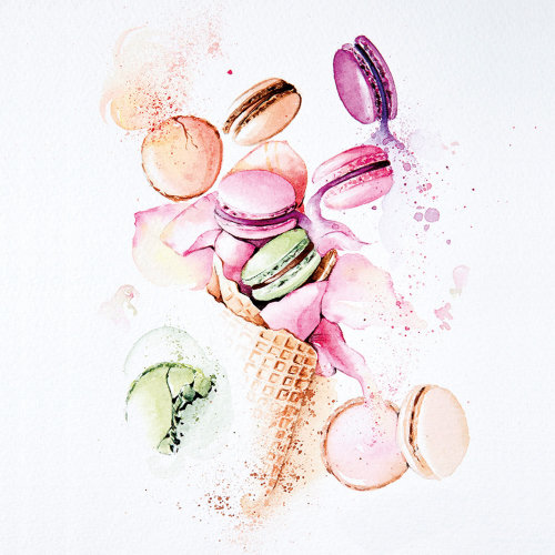 Watercolour artwork of macaron ice cream