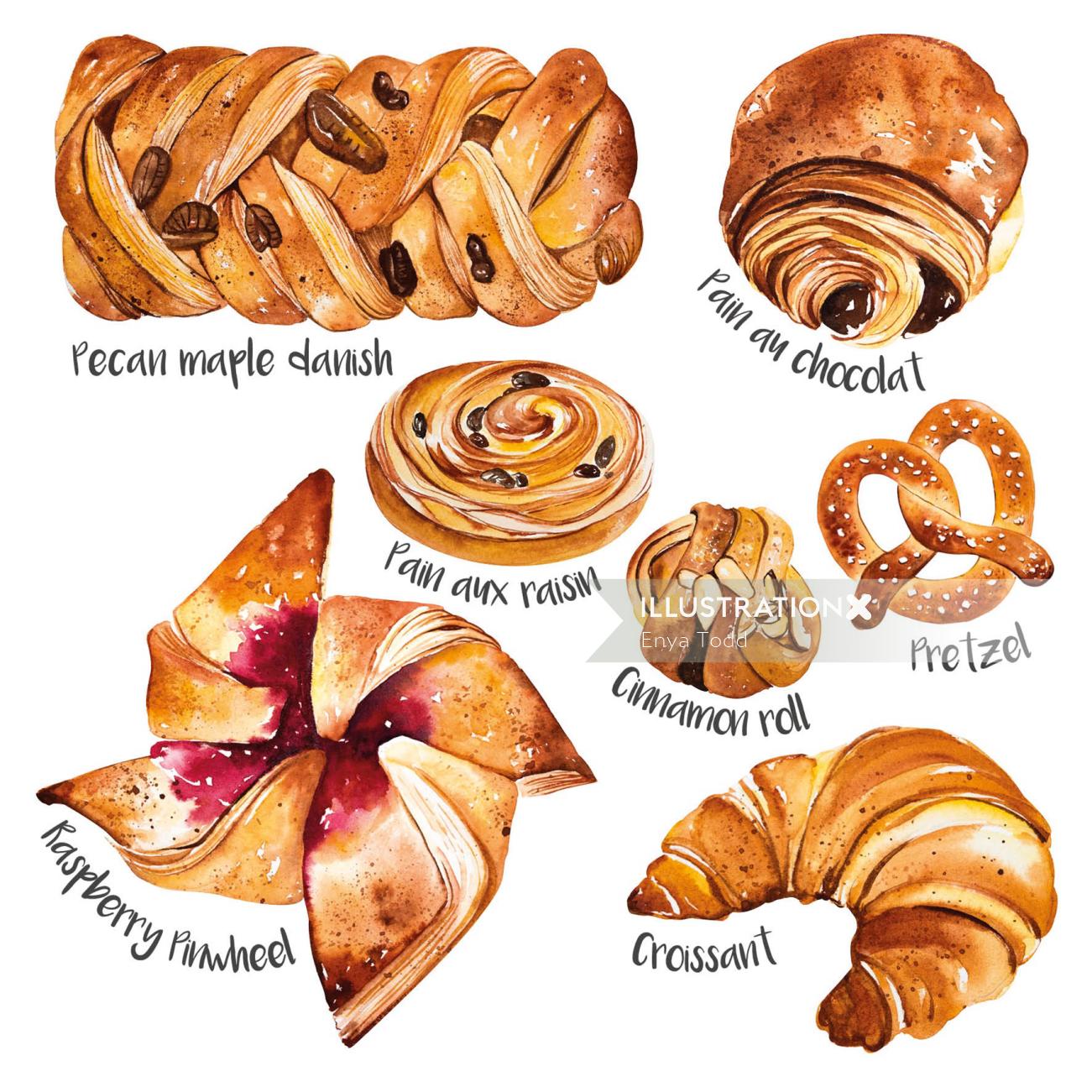 Selection of pastries food illustration