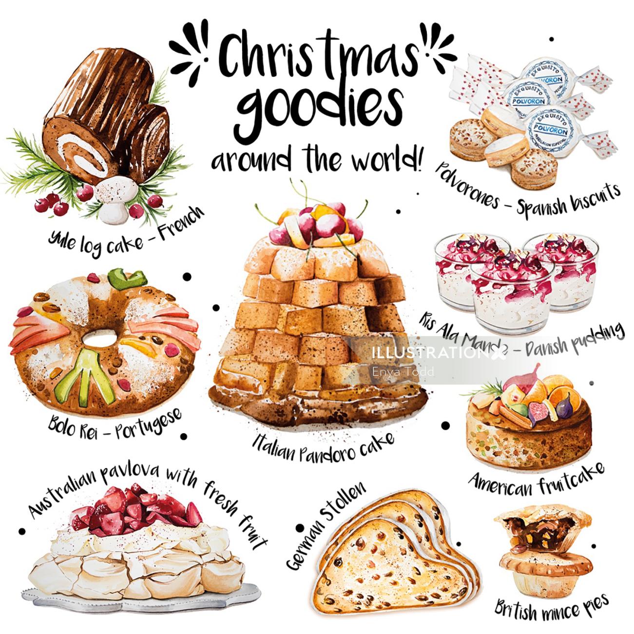 Illustration of Christmas goodies around the world