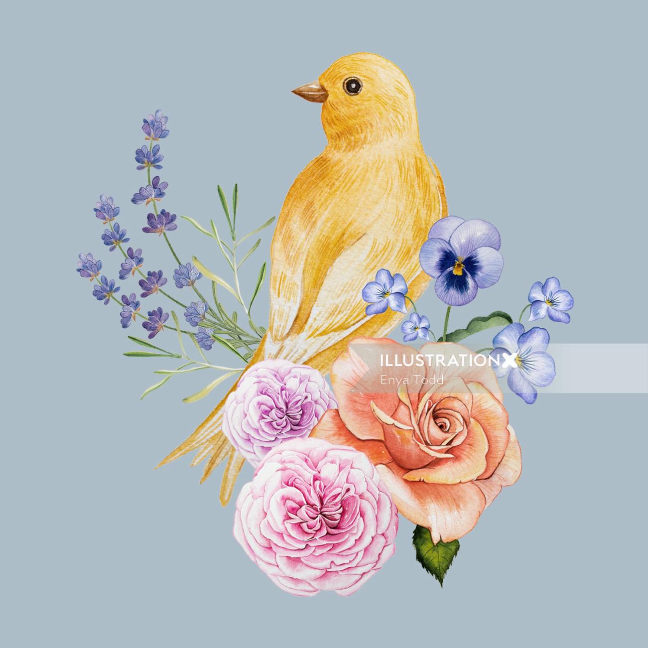 Contemporary art of bird and flowers