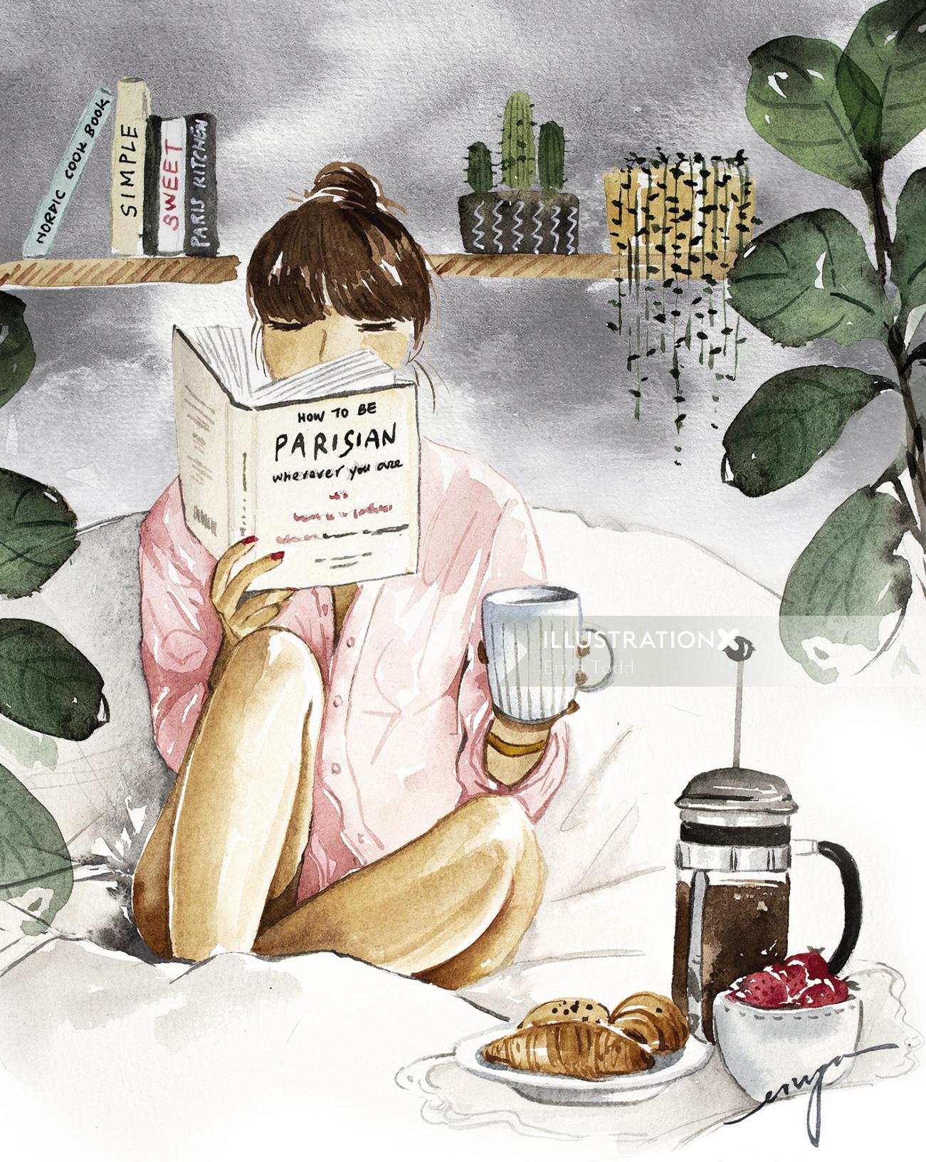 Breakfast on bed illustration