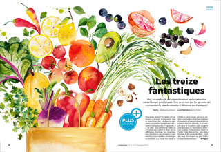 Ilustración editorial de verduras y frutas.