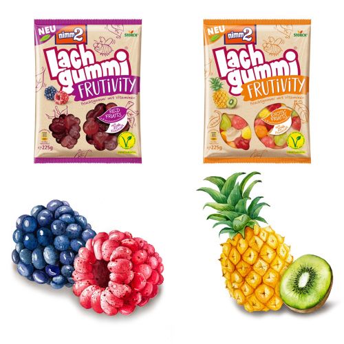 Fresh fruit illustrations for the packaging of Germany's Nimm2 Fruit Gums.