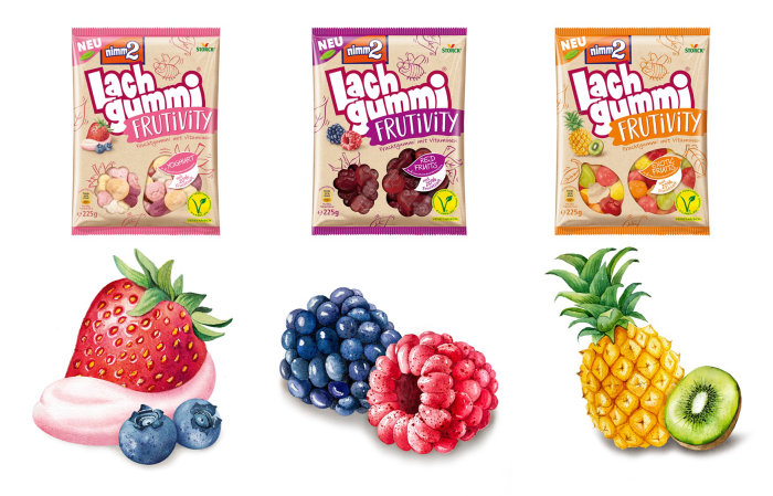 Illustrations de fruits frais pour l&#39;emballage des gommes de fruits Nimm2 en Allemagne.