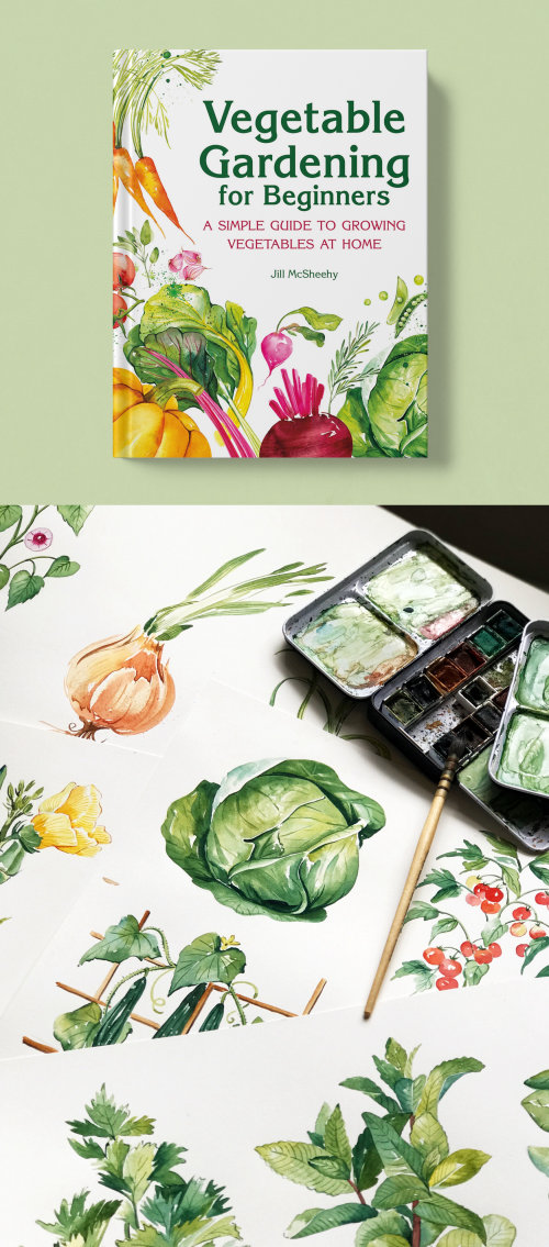 Ilustraciones de verduras para portada de libro.