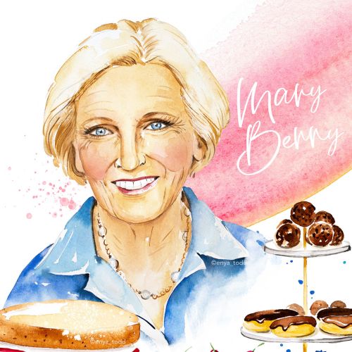 Portrait painting Mary Berry, food writer 