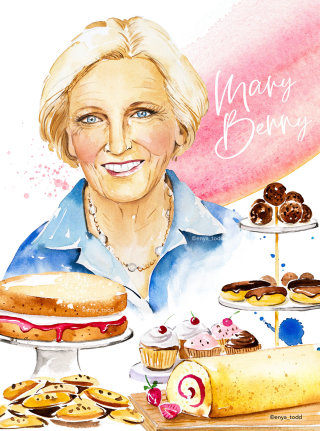 Pintura de retratos de Mary Berry, escritora de culinária 