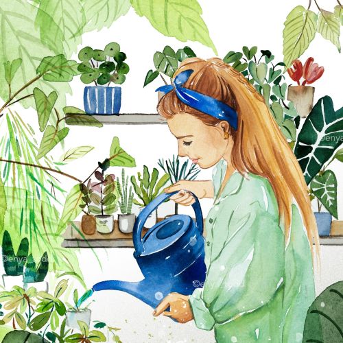 Watercolor painting of a lady watering plants 