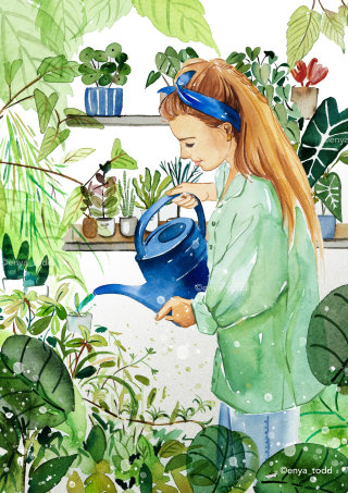 Pintura acuarela de una dama regando plantas. 