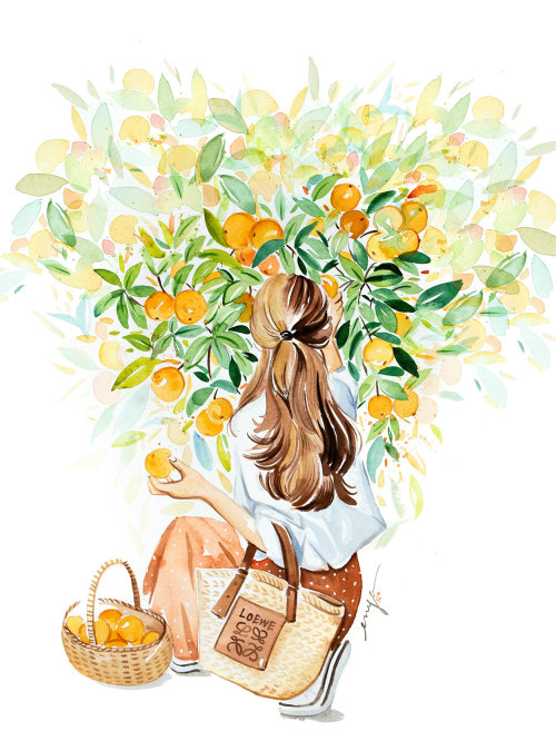 Mujeres recogiendo fruta naranja de un árbol