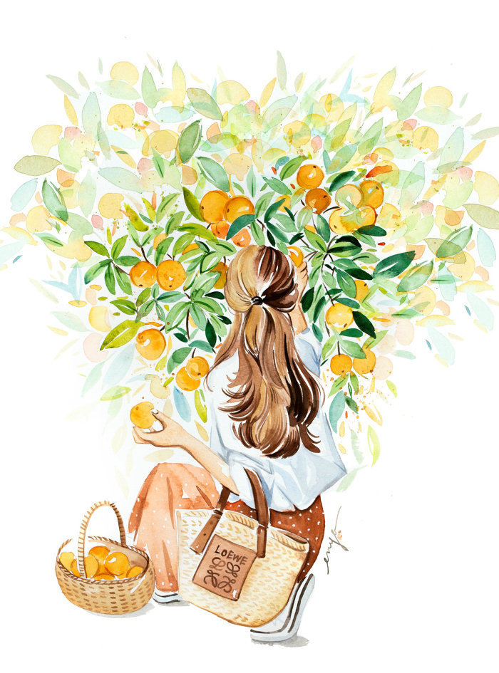 Femmes cueillant des fruits orange dans un arbre