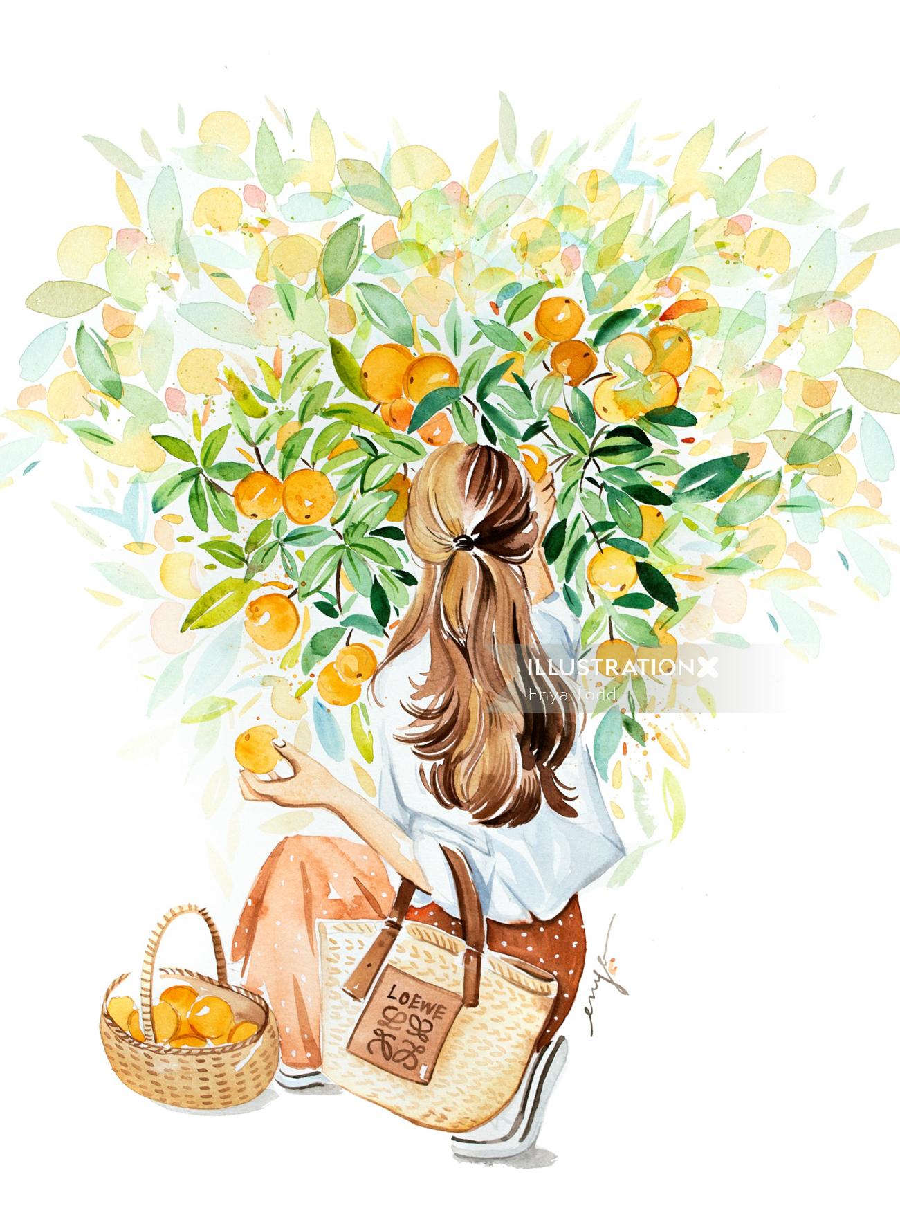 木からオレンジ色の果物を選ぶ女性