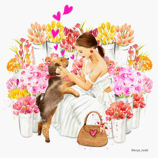 Pintura de floricultura representando uma senhora com um cachorro