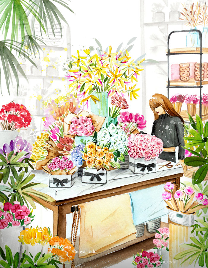 Watercolor depiction of a florist shop