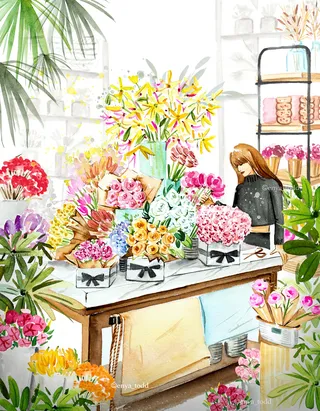 Watercolor depiction of a florist shop