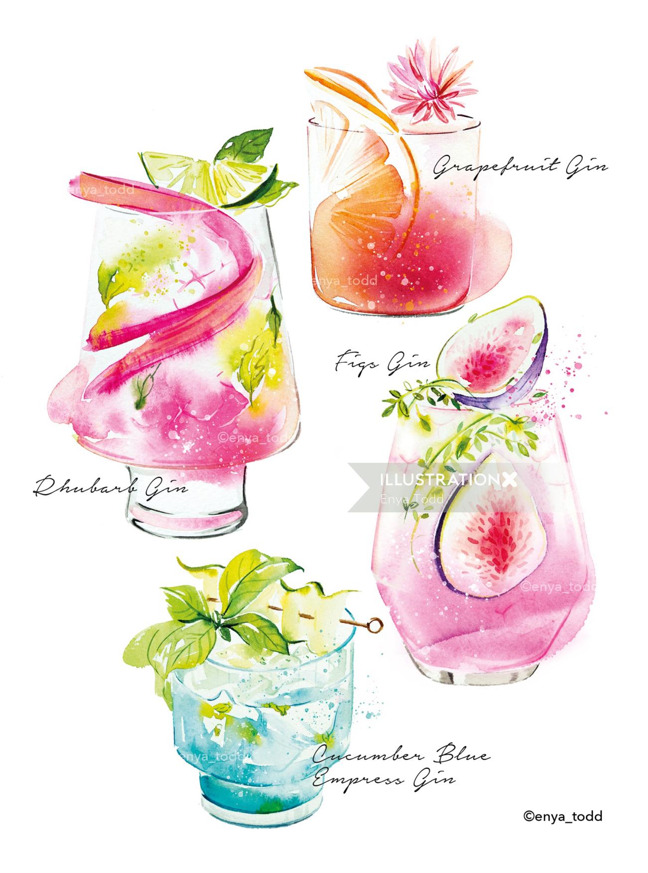 Watercolor depiction of a variety of gin