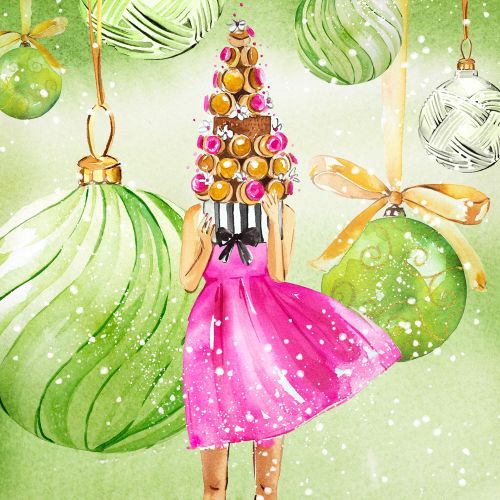 Woman with Christmas cake watercolor painting