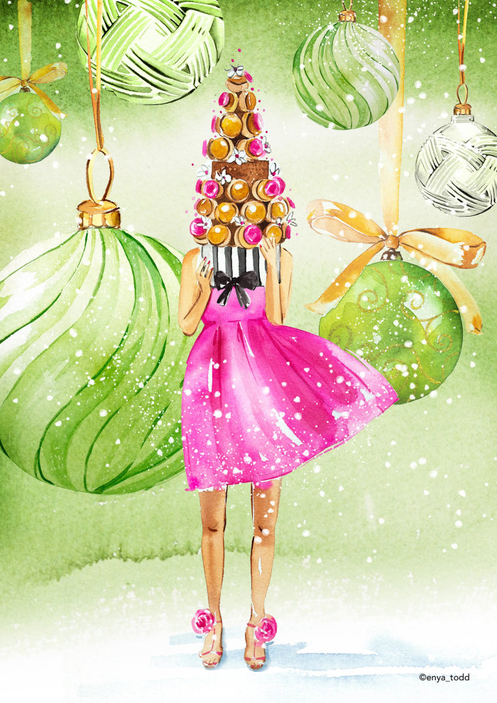 Woman with Christmas cake watercolor painting