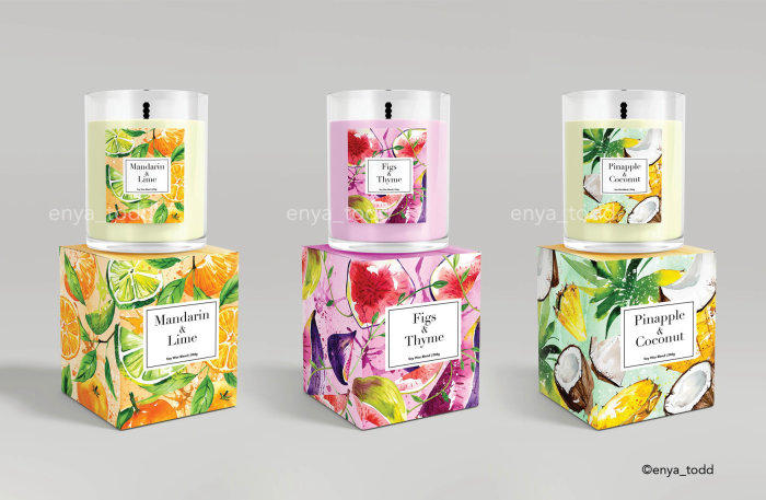 Enya Todd's fruit-themed candle packaging