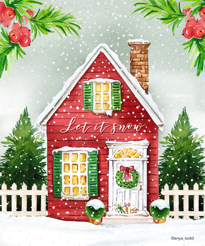 Realistic painting of Christmas house