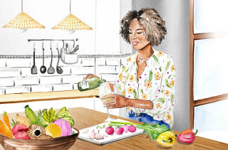 Graceful watercolor painting of cooking lady