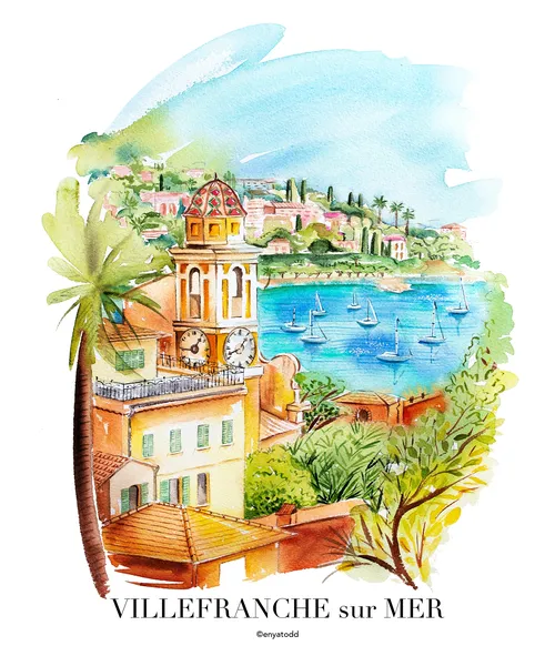 Delicate watercolor poster of Villefranche-sur-Mer