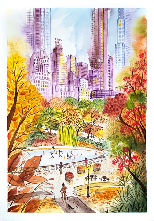 Vivid watercolor of a New York's Central Park in autumn