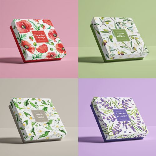 Four floral-themed souvenir boxes with Provence-inspired designs