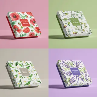 Four floral-themed souvenir boxes with Provence-inspired designs