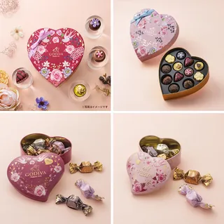 Heart-shaped Godiva chocolate boxes with assorted chocolates
