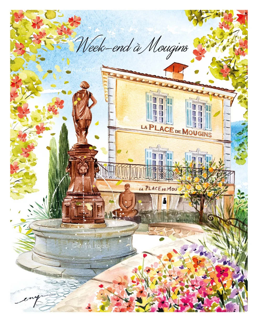 Fountain and building in Mougins village with flowers and clear sky