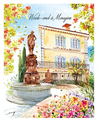 Fountain and building in Mougins village with flowers and clear sky