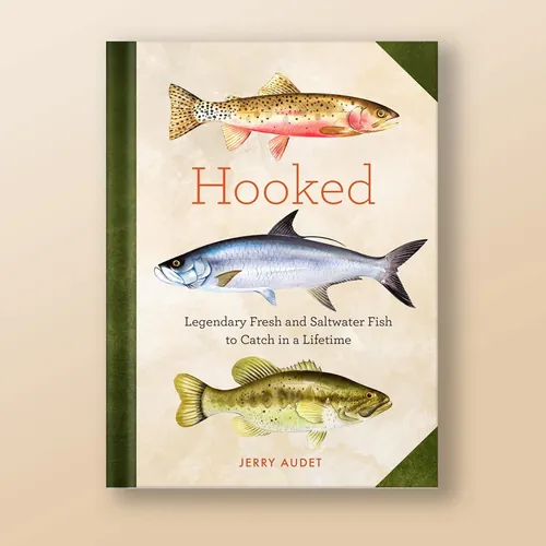 Cover of fishing book with three illustrated fish and title Hooked